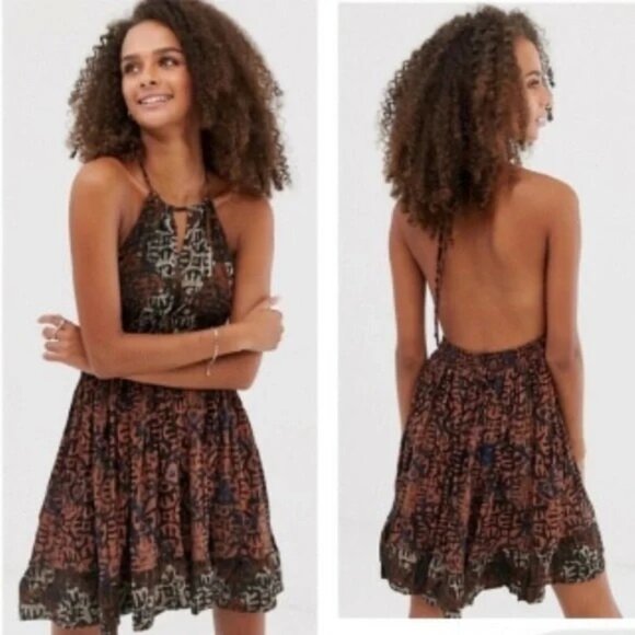Free People‎ Womens Beach Day Mini Dress, Brown, Small, Halter, Multi-Print /n2 - Picture 3 of 6